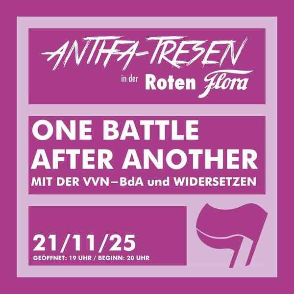 Antifa-Tresen in der Roten. One Battle After Another - mit der VVN-BdA und WIDERSETZEN. Am 21.11.2025. Einlass ab 19 Uhr. Beginn um 20 Uhr.