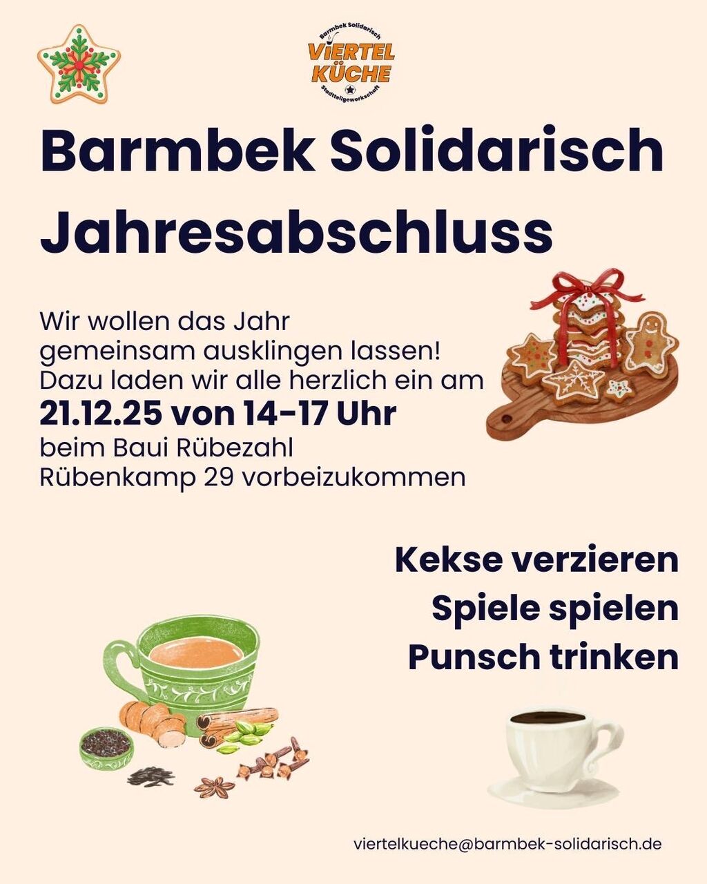 Infobild zur Veranstaltung mit Grafiken von Kaffee, Punsch und verzierten Plätzchen sowie den im Beitrag genannten Infos zu Zeit und Ort.