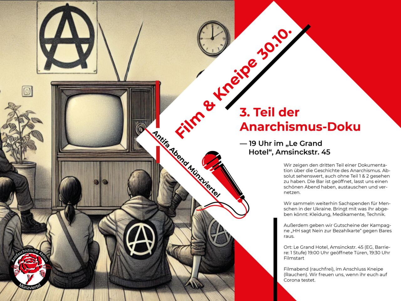 Menschen mit "A" auf ihrer Kleidung sitzen vor einem alten Fernseher.