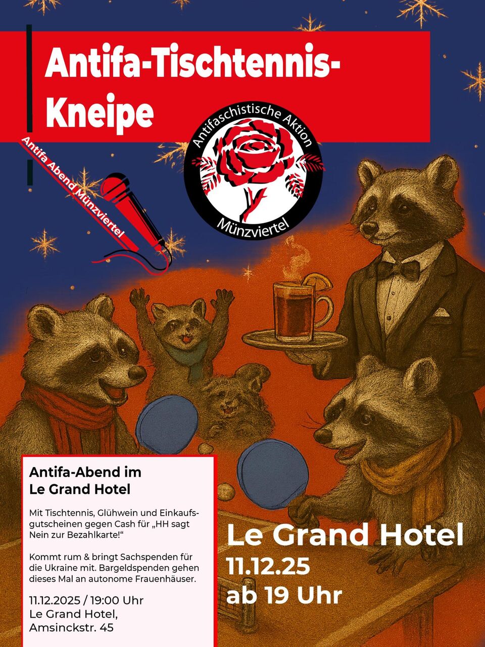 Mehrere Waschbären spielen bei guter Laune Tischtennis, ein weiterer serviert, als Kellner gekleidet, Glühwein.