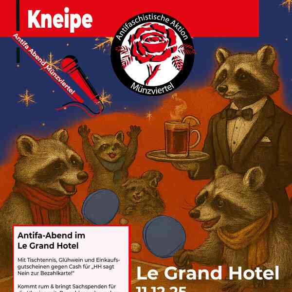 Mehrere Waschbären spielen bei guter Laune Tischtennis, ein weiterer serviert, als Kellner gekleidet, Glühwein.