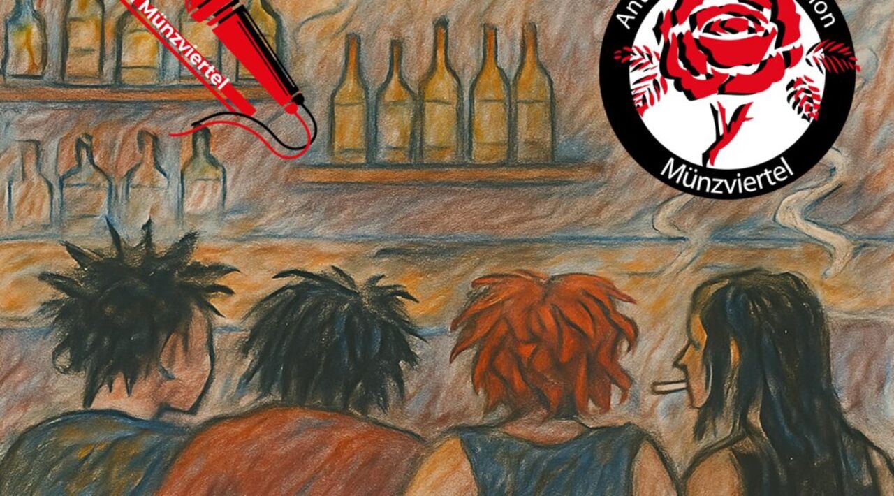 Mehrere Menscen sitzen auf Hockern an einer Bar, es ist das Logo der "Antifaschistischen Aktion Münzviertel zu sehen".