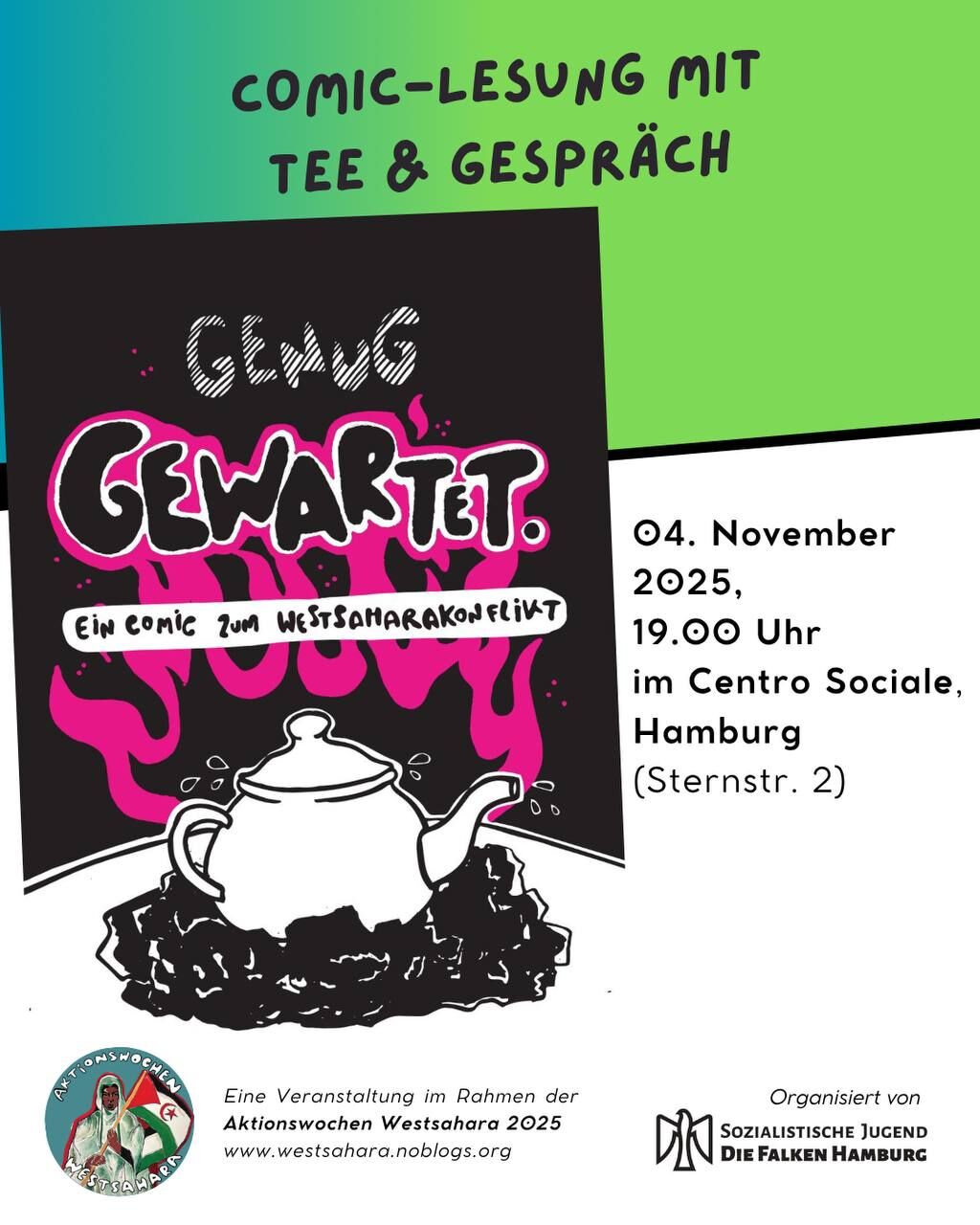 Das Sharepic zeigt das Cover des Comic "Genug gewartet" sowie alle Informationen zur Veranstaltung.